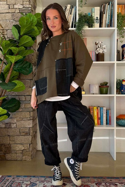 Duran Panel Grid Applique Sweatshirt Khaki